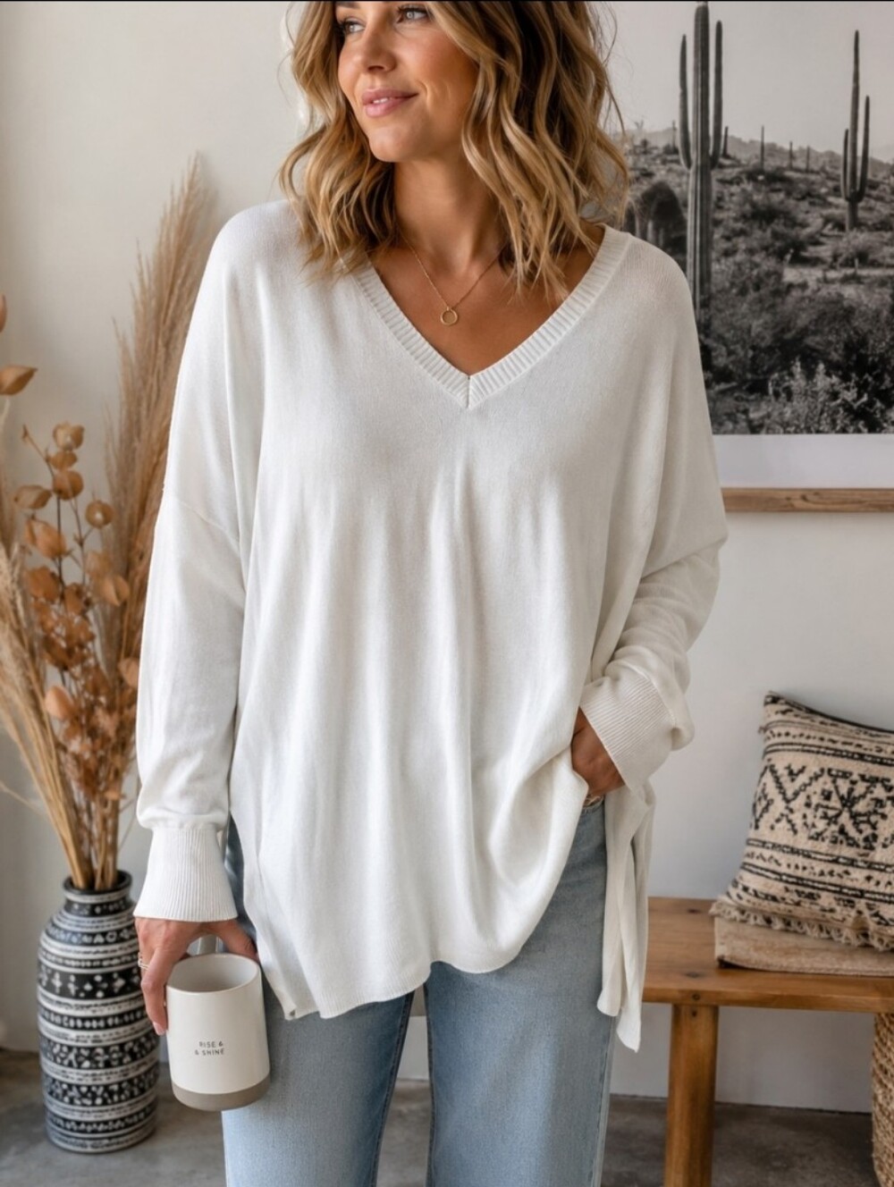 Joseph A Ivory Oversized V-Neck Sweater Tunic Soft Knit NWT Women's Small